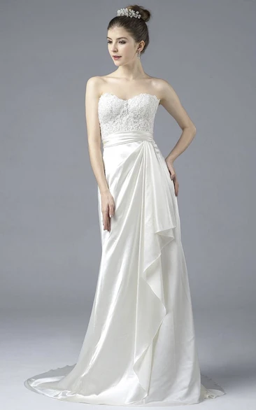 Elegant Sweetheart Open Back Satin Lace Appliques Gown With Draping And Buttons