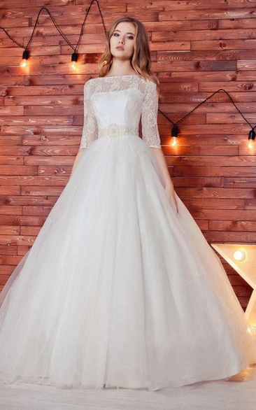 Bateau Lace Half Sleeve Tulle A-Line Ball Gown Wedding Dress With Beading
