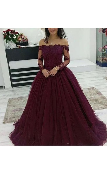 Ball Gown Off-the-shoulder Illusion Long Sleeve Tulle Dress