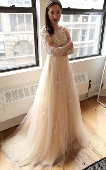 Light Creamy Champagne Long Sleeve Deep V Lace Wedding Dress