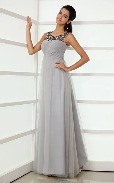 Empire A-Line Modest Scoop Neckline Tulle Gown With Crystal Detailing Top