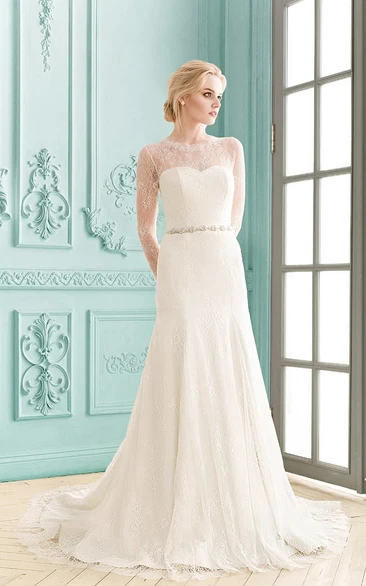 Long-Sleeve Floor-Length V-Neck Lace Plus Size Wedding Dress With