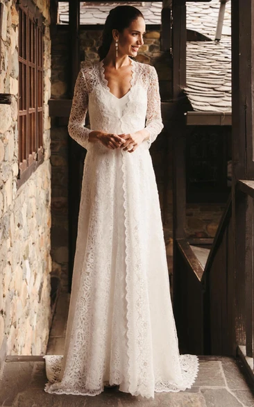 A-Line Country V-neck Lace Bohemian Wedding Dress With Illusion And Appliques
