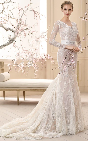Sheath V-Neck Floor-Length Long-Sleeve Appliqued Lace Wedding Dress With Waist Jewellery And Bow