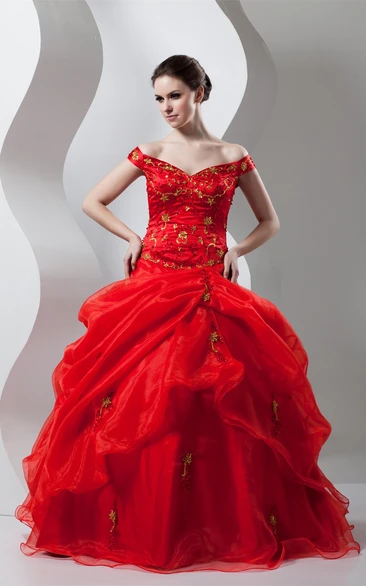 Off-The-Shoulder Pick-Up Ball Gown with Beading and Embroideries