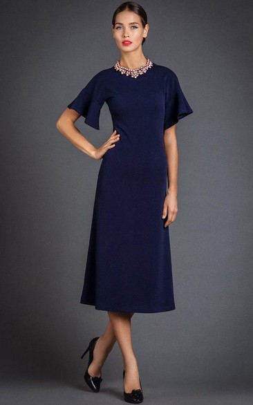 Simple Bell Sleeve A-line Tea-length MOB Dress
