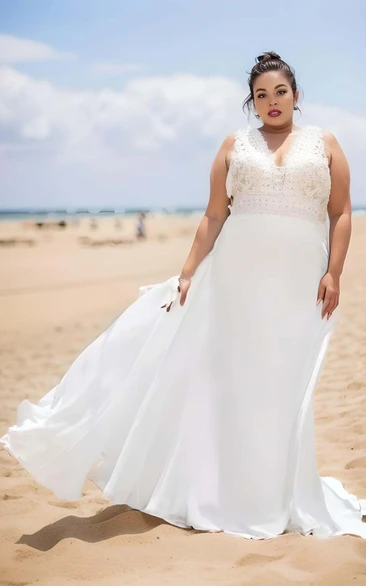 2023 Chiffon Plus Size A-Line Lace Wedding Dress Sleeveless Simple Sexy Bohemian Elegant Beach Country Garden