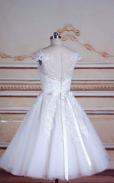 A-Line Short Cap Sleeve Tulle Lace Satin Weddig Dress - June