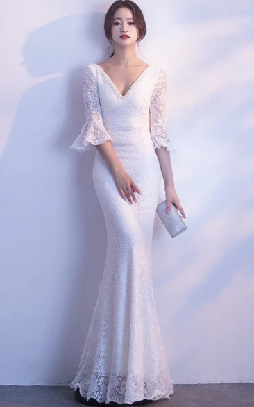 3/4 Poet Sleeve Sexy Mermaid Bridal Dress With Deep V-neck And Straps Back