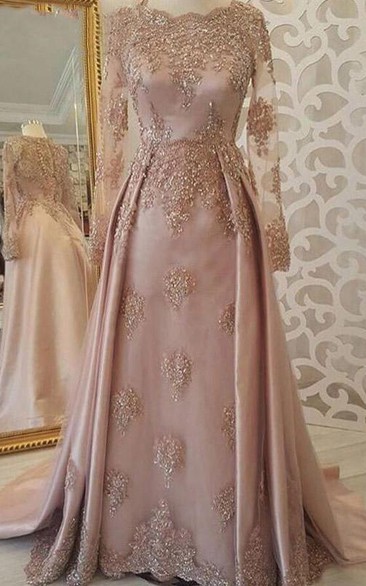 A Line Romantic Satin Evening Dress with Appliques and Train