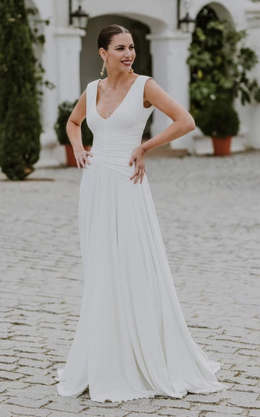 Romantic A-Line V-neck Chiffon Wedding Dress With Deep-V Back And Ruching