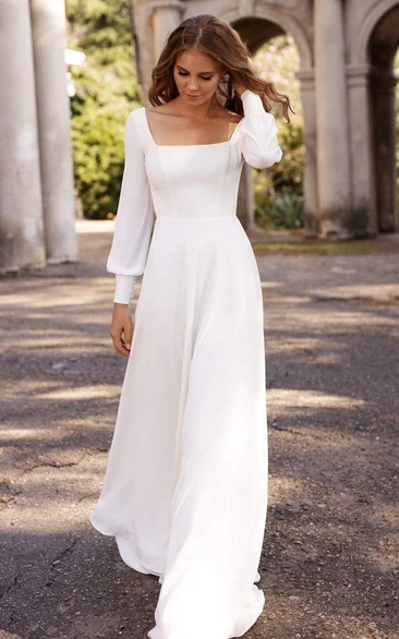 Rustic Modest Simple A Line Sweep Train Stretch Satin Wedding Dress Square Neck Long Sleeve