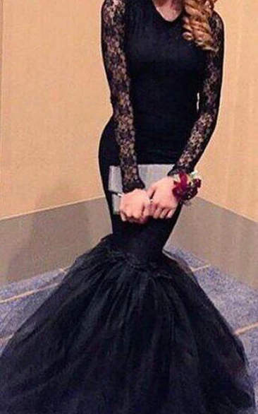 Sexy Black Lace Long Sleeve Prom Dresses Mermaid Open Back Evening Party Gowns