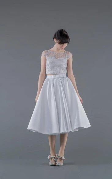 2 Piece Wedding Dress With Lace Top and A-Line Satin Skirt