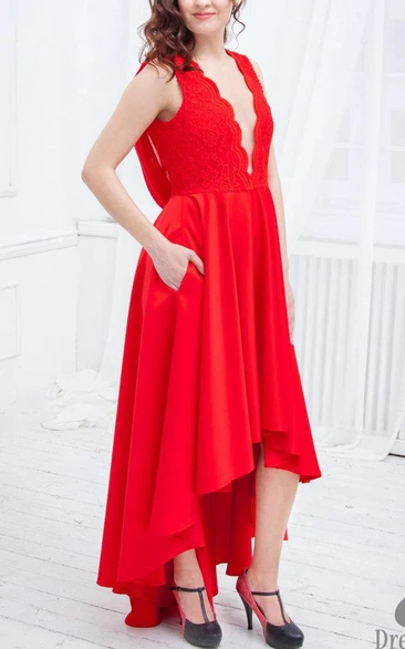 Plunged A-Line High-Low Satin Dress With Lace Top