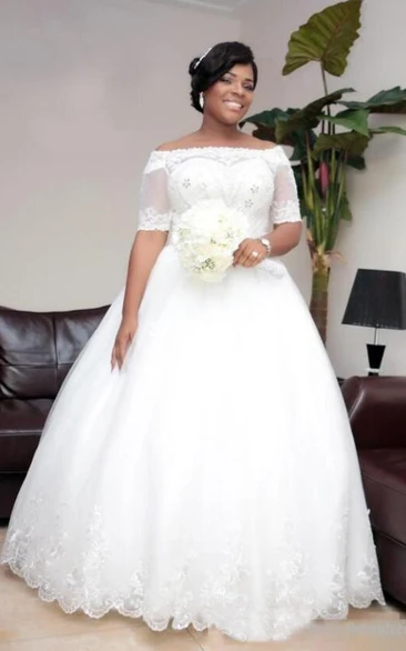 Lace Off Shoulder Sheer Half Sleeves Beaded Lace Up Plus Size Bridal Gown