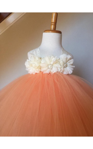 Lace Strap Sleeveless Pleated Ball Gown With Rhinestone Flower