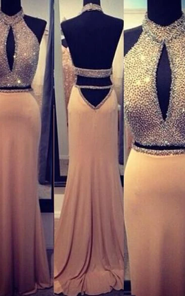 Stunning Backless Long Evening Dresses Halter Chiffon Beading Prom Gown