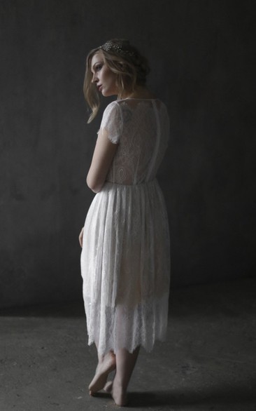 Tea-length Simple Boho Lace Wedding Dress With Zipper