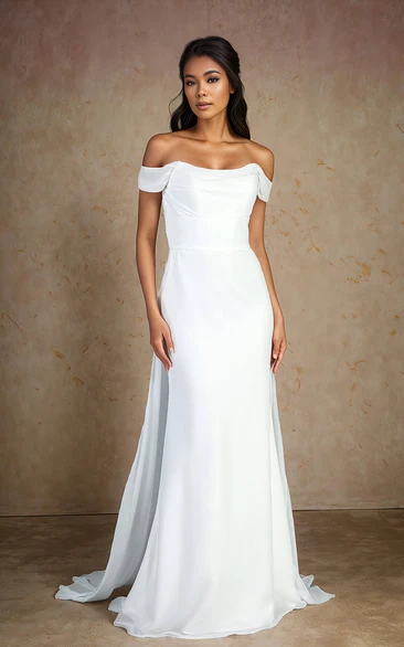 Solid Simple Off-the-shoulder Sheath Chiffon Wedding Dress Beach Plus Size Floor-length Sleeveless Backless Bridal Gown with Button Back Brush Train