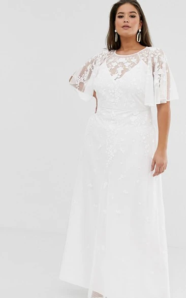 Simple Chiffon and Tulle Sheath Bat-sleeve Wedding Dress