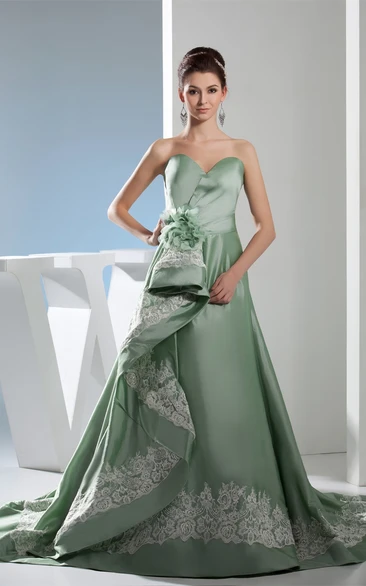 Sweetheart Satin A-Line Gown with Appliques and Flower