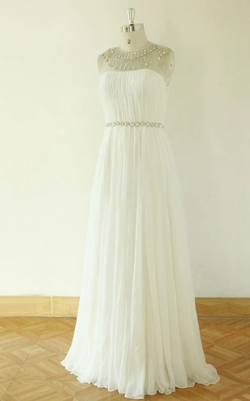 Strapless Long Chiffon Wedding Dress With Crystal Detailing And Pleats