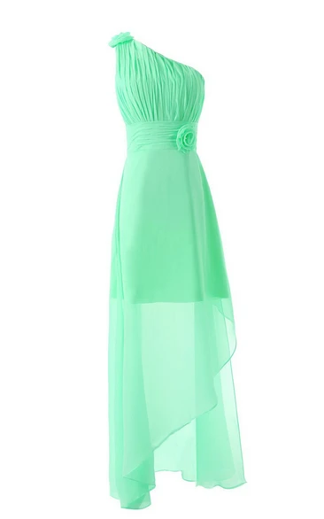 Asymmetrical One-shoulder Pleated Chiffon A-line Dress With Flowers