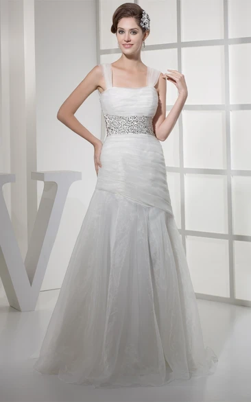 Strapped Mermaid Ruched Gown with Jeweled Waist