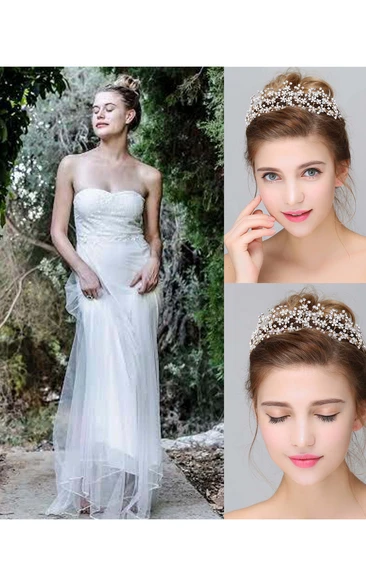 Sleeveless Backless A-Line Long Chiffon Wedding Dress and Atmospheric Golden Crown Headdress Rhinestone Hairband Headdress