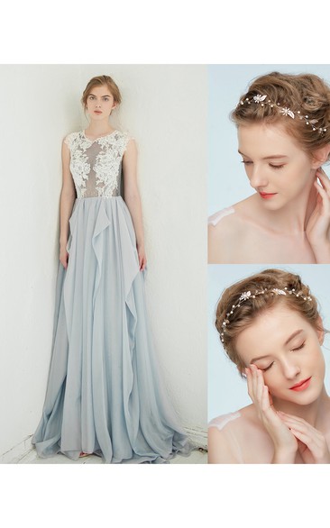 Jewel-Neck Sleeveless A-Line Chiffon Draped Dress and Vintage Gold Leafy Blonde Hair Holiday Hair Accessories