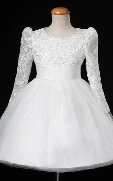 Long Lace Sleeve Tulle Dress With Satin Sash
