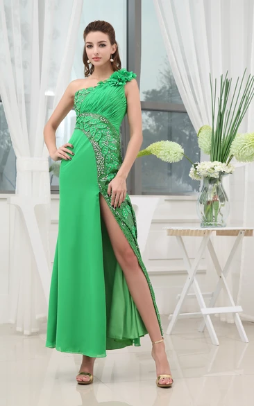 Floral One-Shoulder Front-Split Ankle-Length Dress With Ruching and Beading