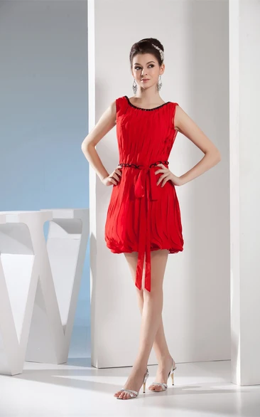 Sleeveless Ruched Mini Dress with Ribbon and Beading