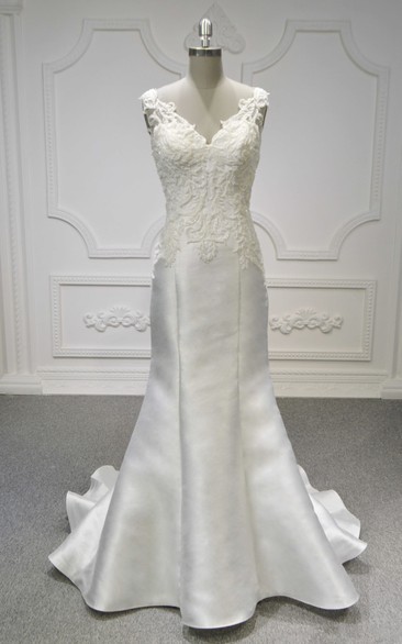 Sleeveless V-neck Illusion Back Lace Satin Mermaid Wedding Dress With Ruching