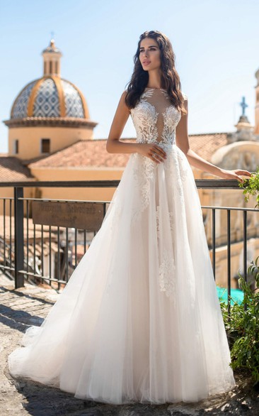 Luxury A Line Tulle Beach Wedding Dress With Bateau Neckline And Button Back