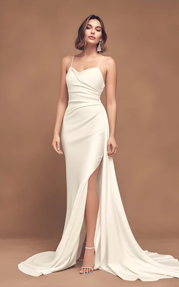 Mermaid Sleeveless Satin Wedding Dress with Split Front Spaghetti Ruching 2023 Country Sweep Train Simple Beach