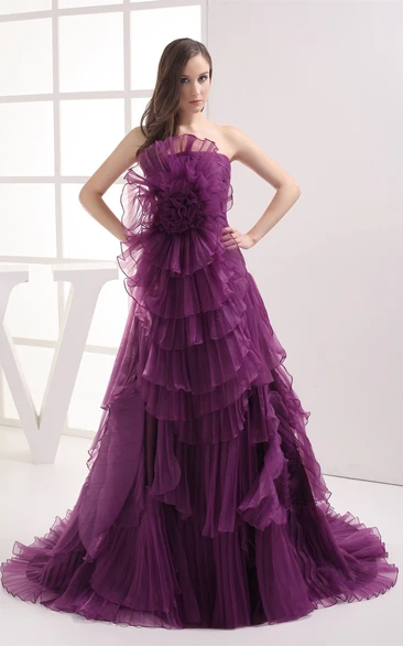 Floral Ruched A-Line Gown with Tiers and Brush Train