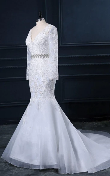 Trumpet V-Neck Long Sleeve Lace Organza Satin Dress With Beading