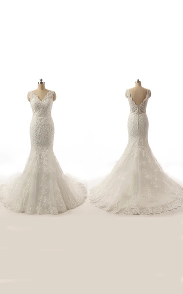 Sleeveless V-Neck And V-Back Lace Wedding Dress With Appliques