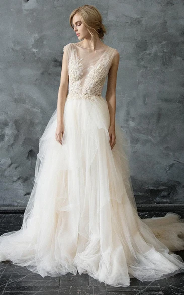 Scoop-Neck Cap-Sleeve A-Line Pick Up Tulle Dress With Beading And Appliques