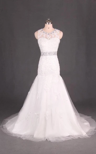 Jewel Low-V Back Mermaid Tulle Wedding Dress With Crystal Detailing And Appliques
