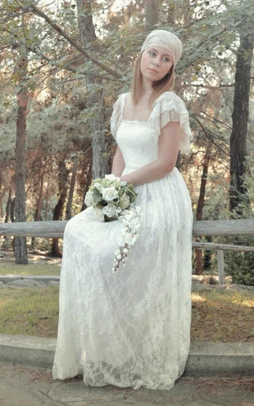 Boho Lace Bridal Gown Romantic Style With Cap Sleeves and Pleats