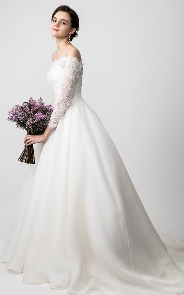 Simple Ball Gown Floor-length Long Sleeve Lace Off-the-shoulder Wedding Dress with Ruching