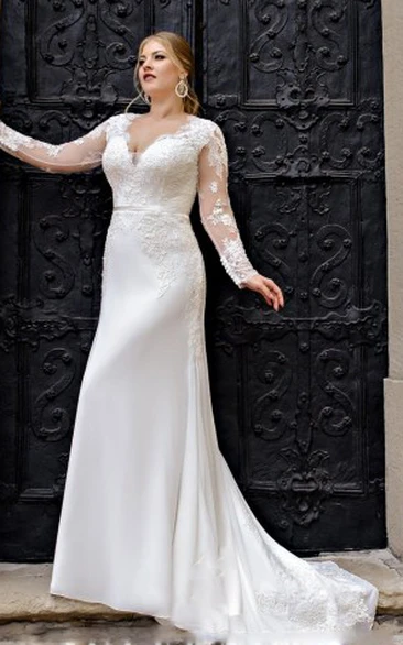 Casual A Line Floor-length Long Sleeve Satin V-neck Wedding Dress with Appliques