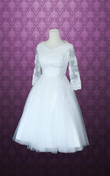 Knee-Length Tea-Length 3-4 Sleeve Tulle Lace Weddig Dress