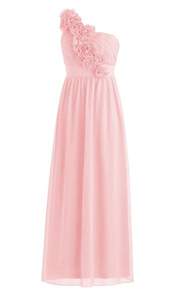 One-shoulder Pleated Chiffon A-line Dress With Flowers