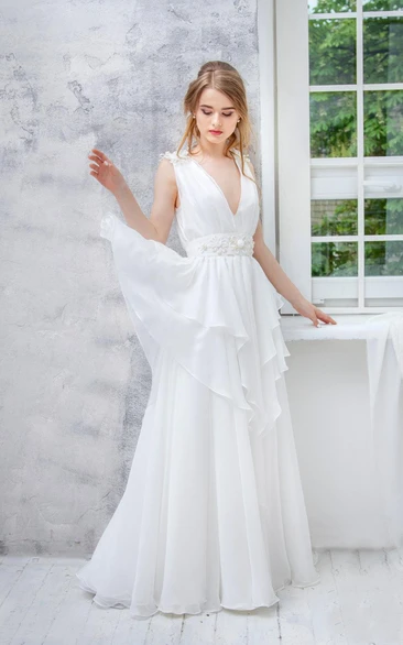 Floor Length Cap Sleeve Chiffon Wedding Dress