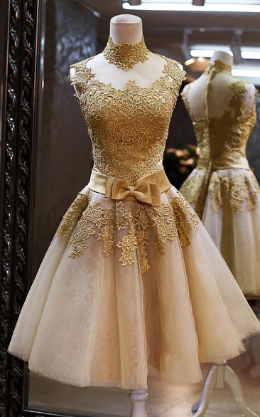Gorgeous High Neck Sleeveless Golden Appliques Tulle Short Prom Dress