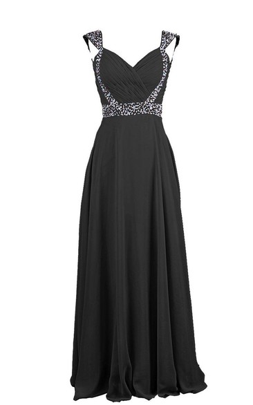 Cap-sleeved Chiffon Gown With Beaded Shoulders
